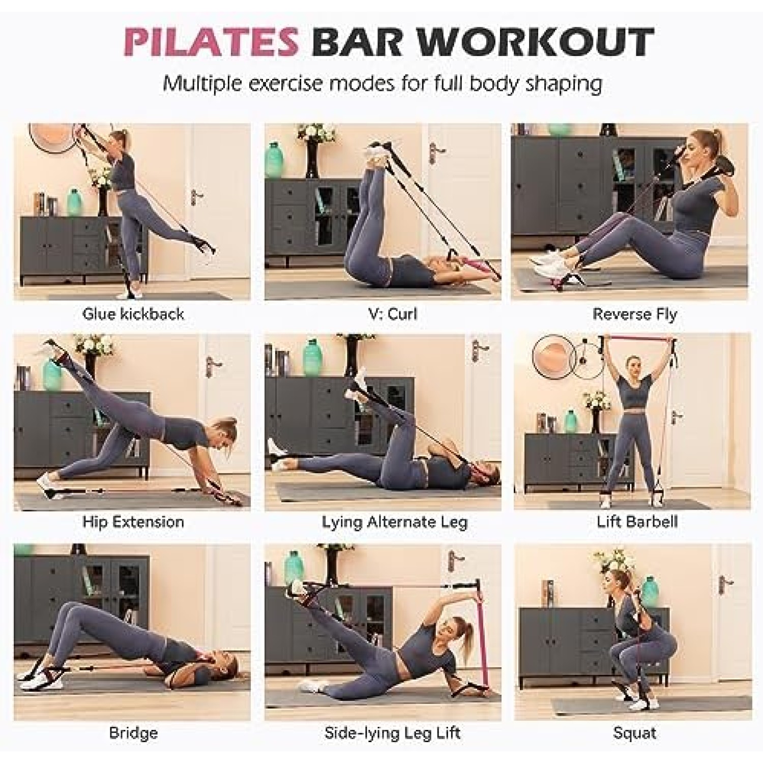 Fitness Bands Pilates Bar Set with 6 Resistance Bands